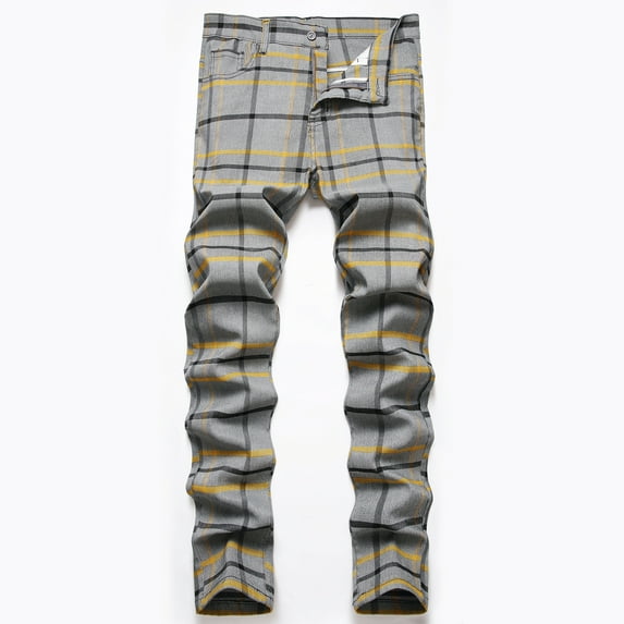 jsaierl Men's Plaid Dress Pants Straight Fit Expandable Waist Pleated Front Suit Pants Checkered Casual Business Trousers