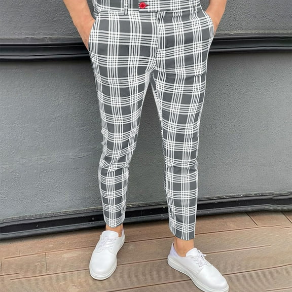 jsaierl Men's Plaid Printed Dress Pants Slim Fit Stretch Tapered Pant Casual Skinny Pencil Pants Button Business Trousers Fashion Hippie Regular Fit Fall Winter Outdoor Casual Long Pants