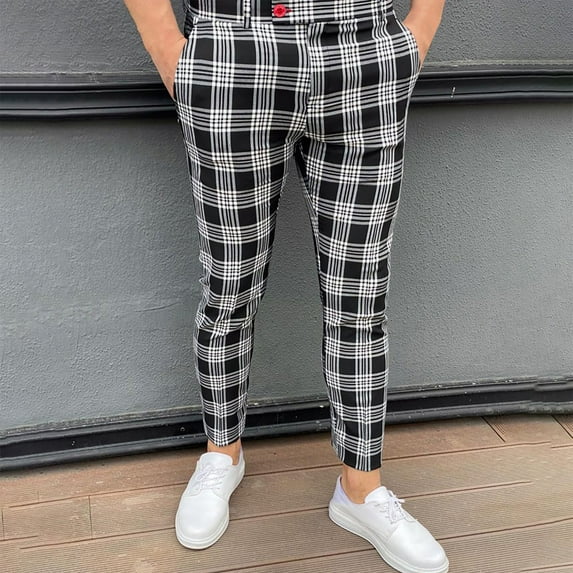 jsaierl Men's Plaid Printed Dress Pants Slim Fit Stretch Tapered Pant Casual Skinny Pencil Pants Button Business Trousers Fashion Hippie Regular Fit Fall Winter Outdoor Casual Long Pants