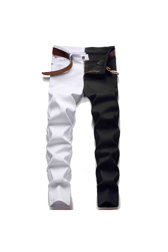 Men's Slim Straight Patchwork Jeans Street Hip Hop Stretch Moto Denim Pants
