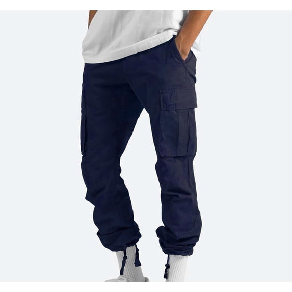jsaierl Men's Solid Cargo Pants Elastic Waist Drawstring Outdoor Trousers Straight Workout Cargo Pant with Multi Pockets Fashion Hippie Regular Fit Fall Winter Outdoor Casual Long Pants