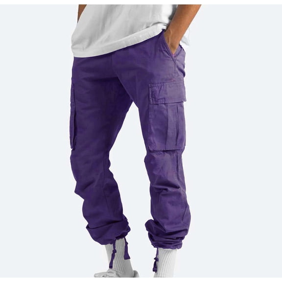 jsaierl Men's Solid Cargo Pants Elastic Waist Drawstring Outdoor Trousers Straight Workout Cargo Pant with Multi Pockets Fashion Hippie Regular Fit Fall Winter Outdoor Casual Long Pants