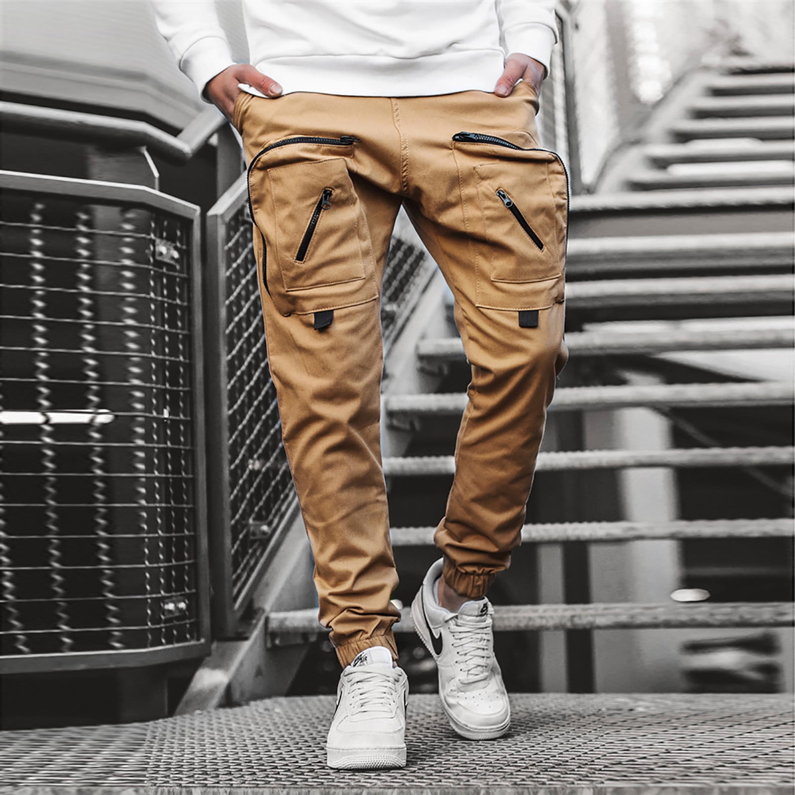 jsaierl Men's Solid Color Pencil Pants Casual Stretch Slim Fit Sweatpants  Fashion Jogger Trousers with Multi Pockets