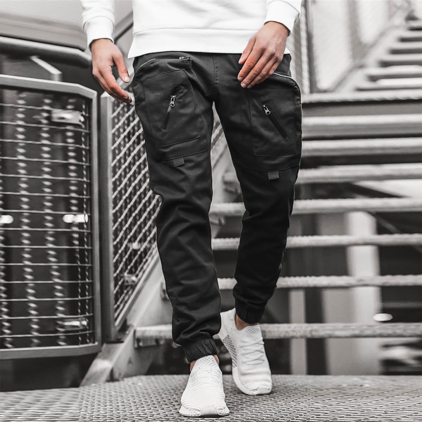 Black Cargo Slim Fit Pants, Men's Streetwear Pants