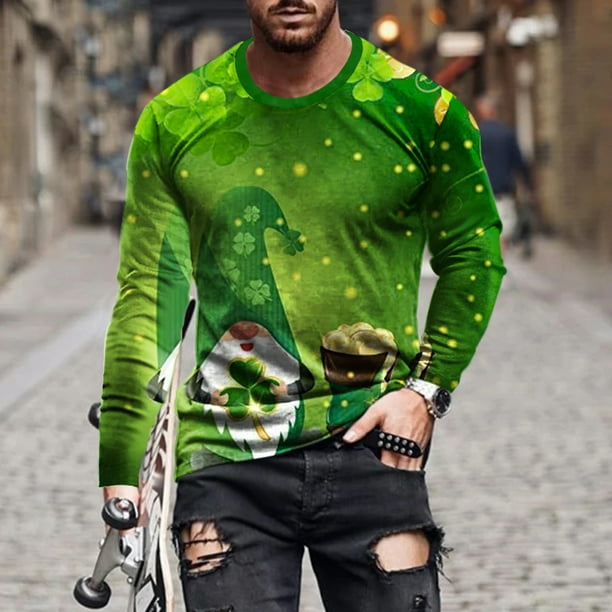jsaierl Men s St Patricks Days Shirts Funny Shamrock Graphic Tees Cotton Workout Long Sleeve Pullover Tops Crewneck Big and Tall Daily T Shirts