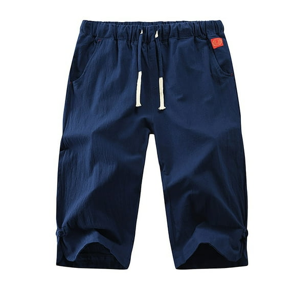 jsaierl Men's Summer Linen Five-point Shorts Breathable Loose Solid Color Pants Elastic Waist Drawstring Casual Shorts