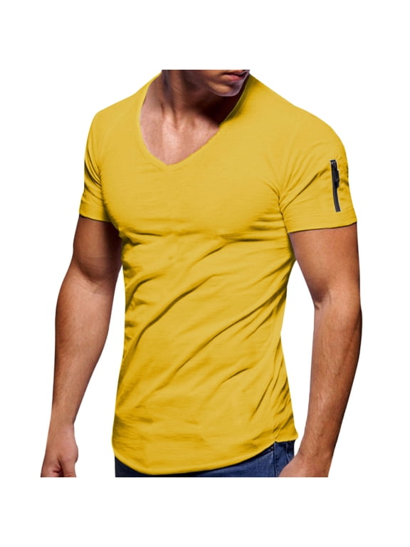Men's Summer Short Sleeve T-shirts Casual Plain V Neck Slim Fit Muscle Shirt Workout Gym Bodybuilding Sweatshirt
