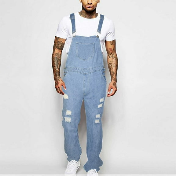 jsaierl Mens Bib Overalls Denim Plus Size Outdoor Work Heavy-duty Jeans Jumpsuits Stylish Ripped Pocket Overalls