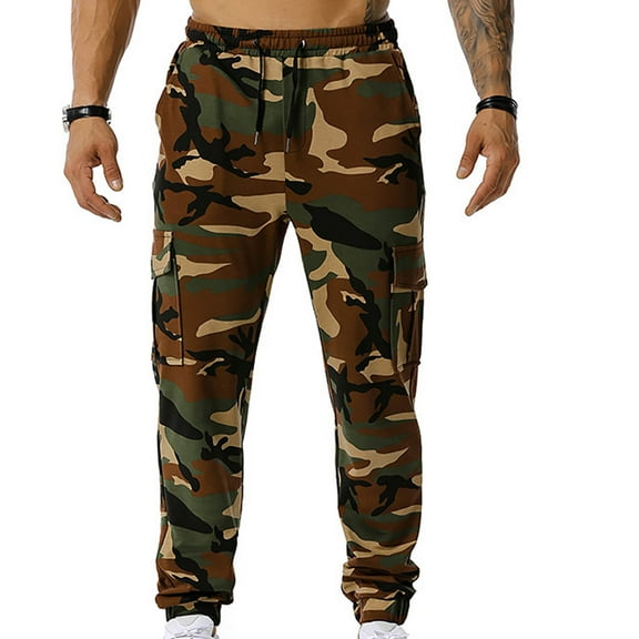 jsaierl Mens Camo Cargo Pants Drawstring Slim Fit Jogger Sweatpant Outdoor Elastic Waist Pant Workout Trouser with Multi Pockets