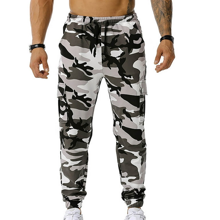 jsaierl Mens Camo Cargo Pants Drawstring Slim Fit Jogger Sweatpant Outdoor  Elastic Waist Pant Workout Trouser with Multi 