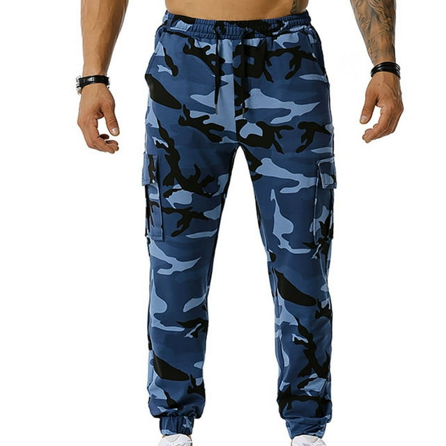 jsaierl Mens Camo Cargo Pants Drawstring Slim Fit Jogger Sweatpant Outdoor Elastic Waist Pant Workout Trouser with Multi