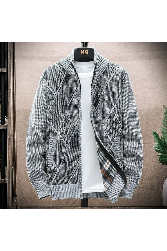 Mens Cardigan Sweater Knit Mock Neck Zip Up Woolen Top Plaid Long Sleeve Cozy Fall and Winter Sweater Jacket