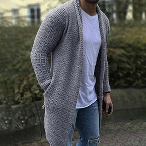 jsaierl Mens Cardigan Sweater Long Sleeve Knit Sweater Solid Casual Open Front Soft Mid-Length Sweater Jacket Top with Pockets