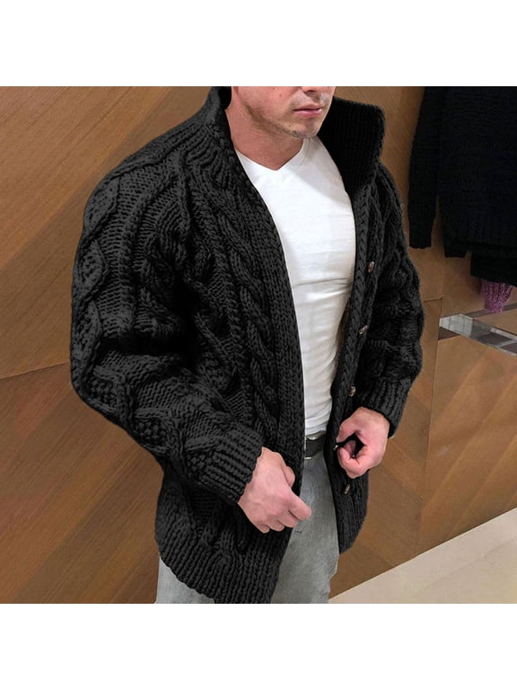 Mens Cardigan Sweaters Cable Knit Open Front Stand Collar Thicken Outwear Long Sleeve Cozy Plain Sweater Jacket