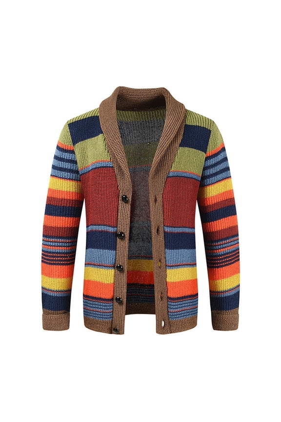 Mens Cardigan Sweaters Knit Shawl Collar Button Down Color Block Outwear Striped Long Sleeve Cozy Warm Sweater Jacket