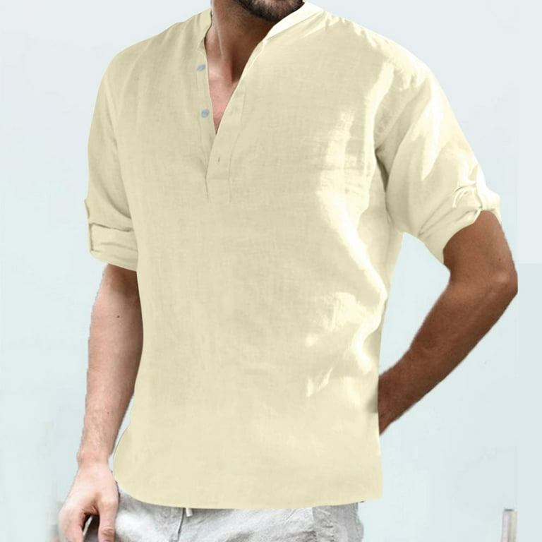 jsaierl Mens Casual Linen Henley Shirts Mandarin Collar Shirt Long