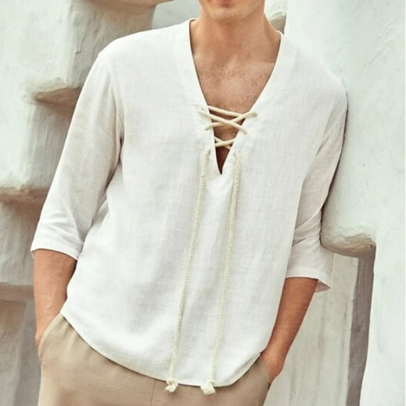 jsaierl Mens Cotton Linen Henley Shirt Drawstring Half Sleeve Hippie Casual Lace Up T Shirt Summer Beach Tops