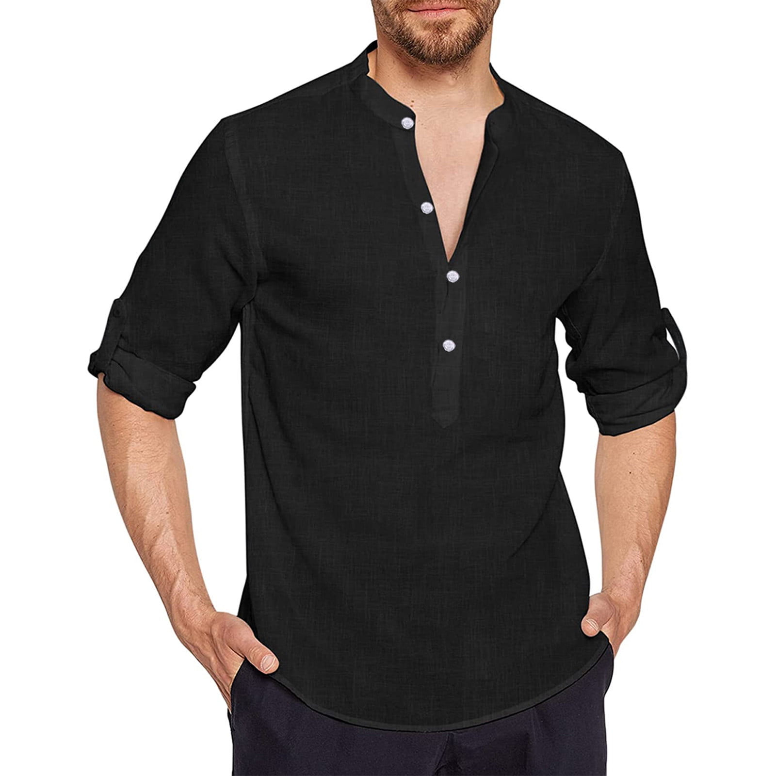 jsaierl Mens Cotton Linen Shirts Casual Button Up Henley Shirt Big and ...