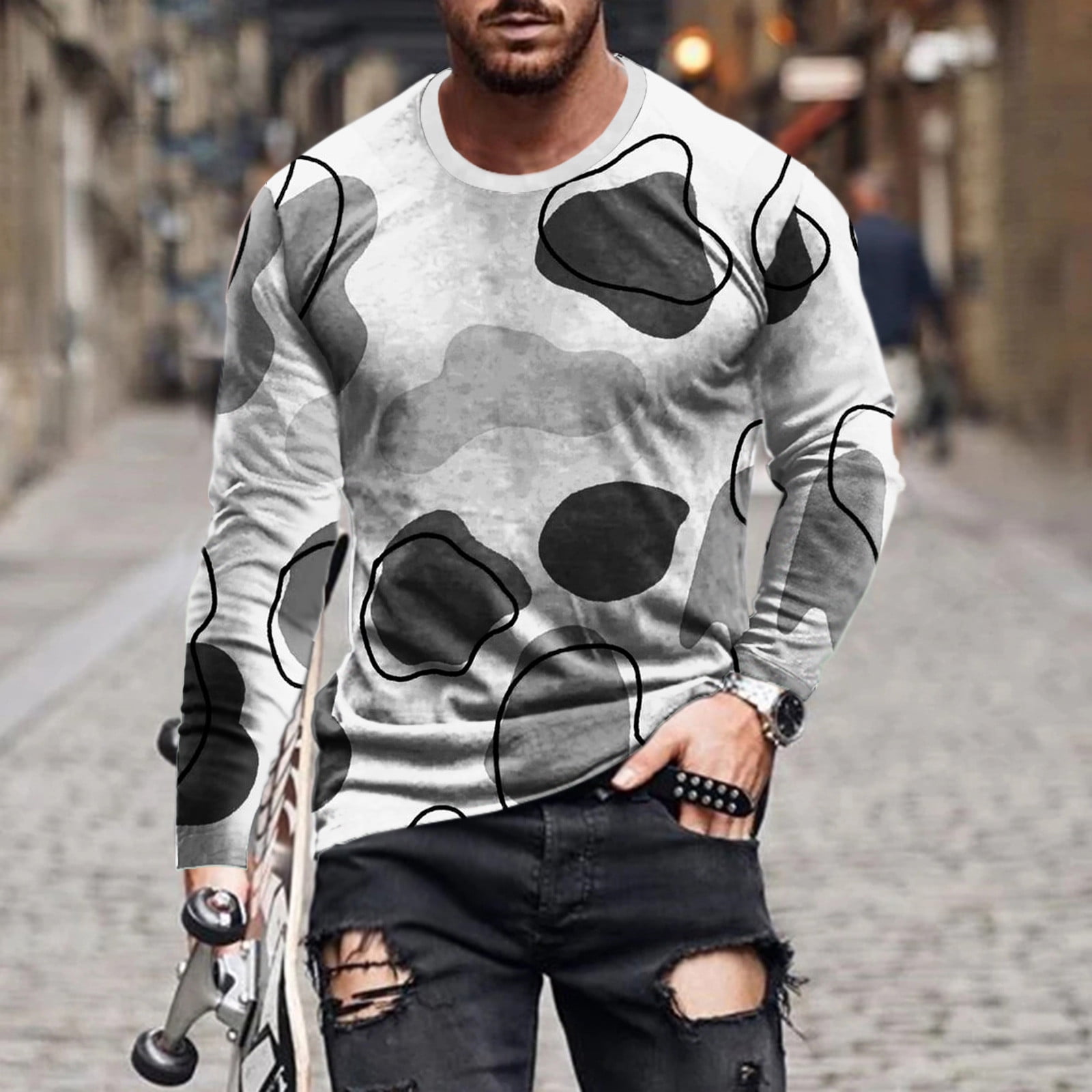 jsaierl Long Sleeve T Shirt Men Soft,Mens Graphic Tees Casual 3D Optical  Illusion Print T-Shirts Fashion Crew Neck Big and Tall Long Sleeve Shirts  for Men 