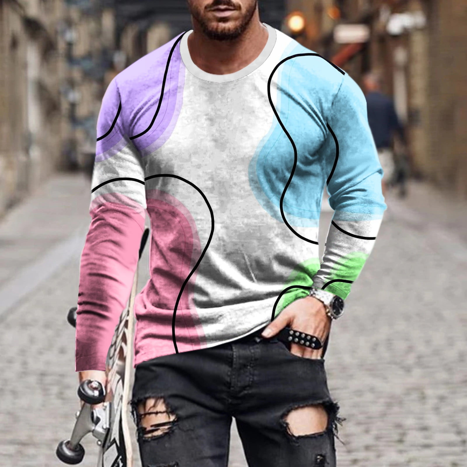 jsaierl Mens Long Sleeve Shirts 3D Graphic Tee Street Fashion Crew Neck  Tops Slim Fit Muscle T Shirts 