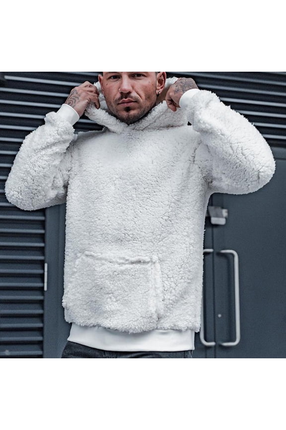 Mens Fleece Hoodies Solid Sherpa Warm Hooded Sweatshirt Long Sleeve Cozy Comfy Pullover Sweater with Pocket