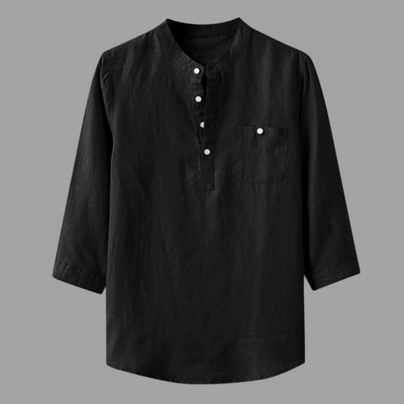jsaierl Mens Linen Henley Shirt Casual 3/4 Sleeve T Shirt Pullover Tees Lightweight Curved Hem Cotton Summer Beach Tops