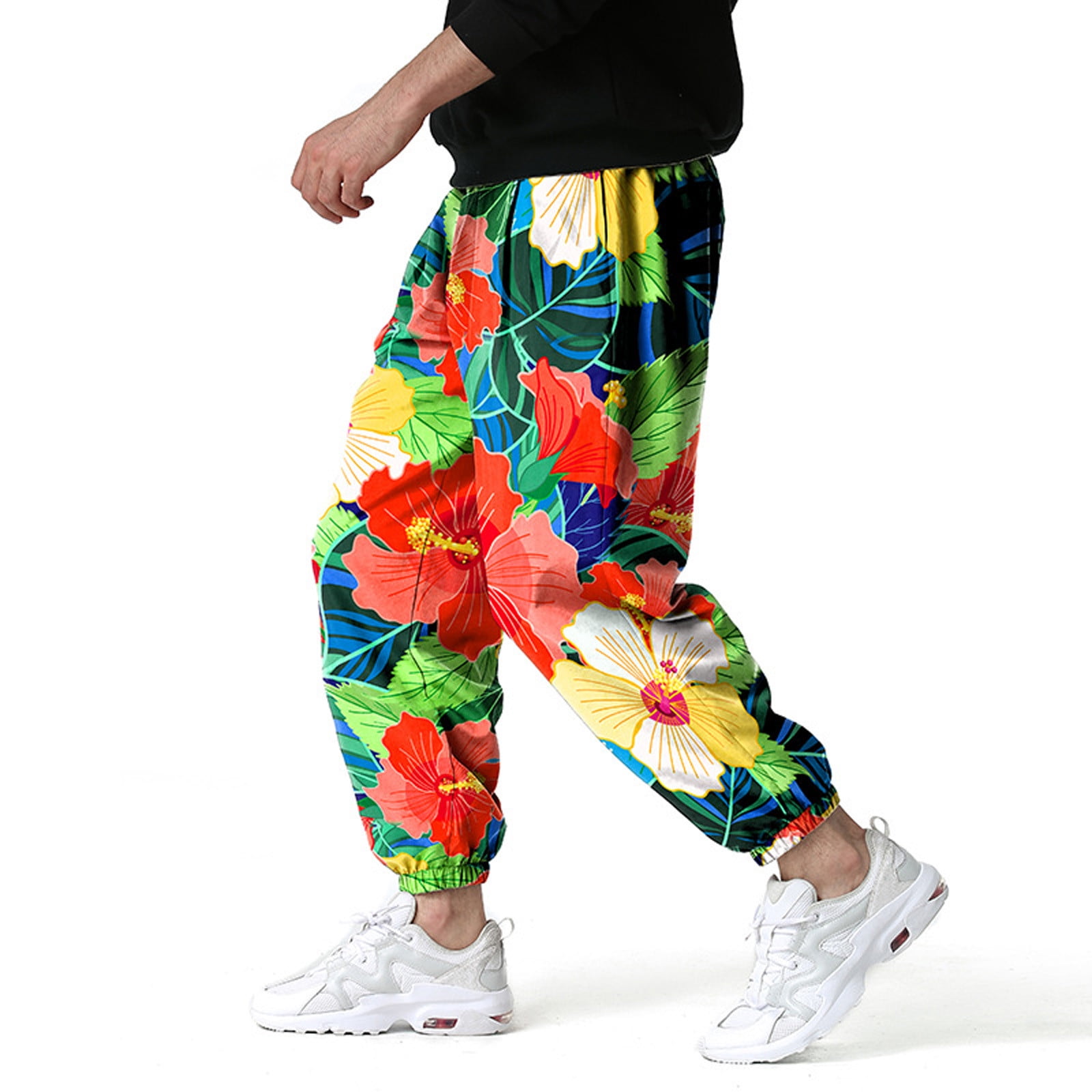 jsaierl Mens Pants Floral Print Hawaiian Drawstring Sweatpant Tropical