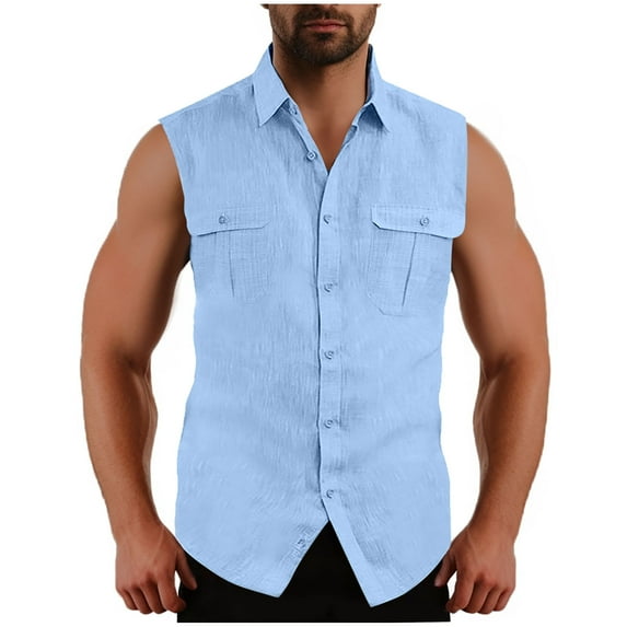 jsaierl Mens Sleeveless Button Down Shirts Linen Cotton Summer Beach Basic Tank T-Shirt Tops