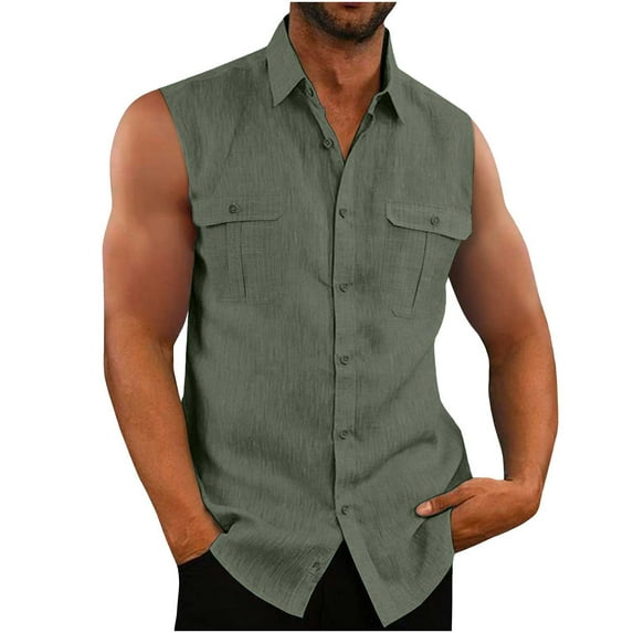jsaierl Mens Sleeveless Button Down Shirts Linen Cotton Summer Beach Basic Tank T-Shirt Tops