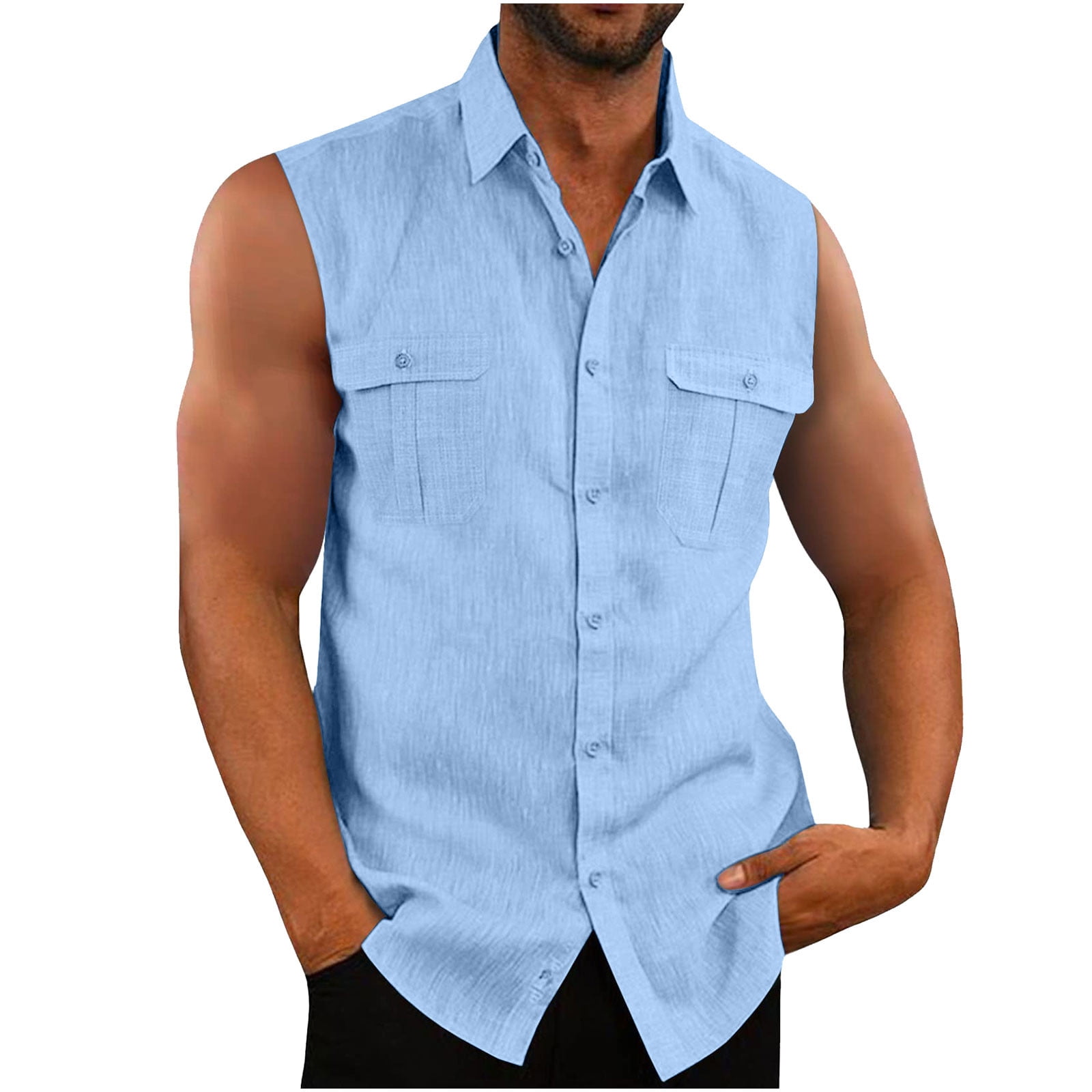 jsaierl Mens Sleeveless Button Down Shirts Linen Cotton Summer Beach Basic  Tank Tops Muscle Cut Off Slim Fit T-Shirt