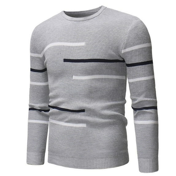 jsaierl Mens Sweater Knit Crew Neck Striped Print Top Long Sleeve Slim Fit Stretch Fall and Winter Pullover Sweater
