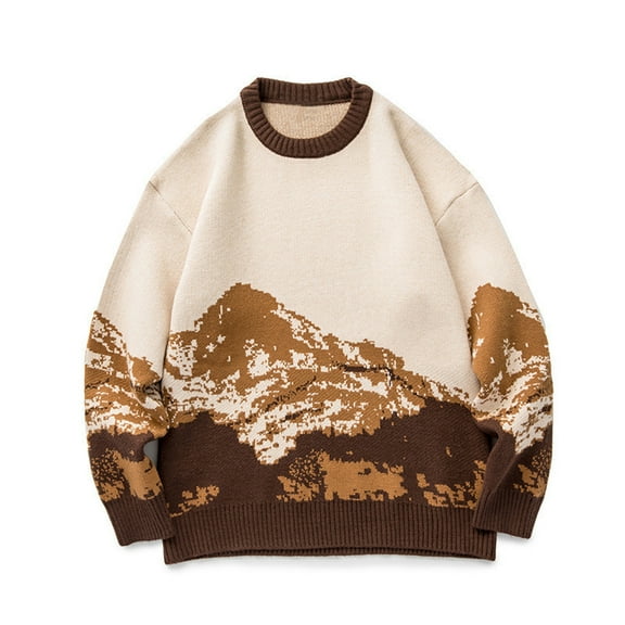 jsaierl Mens Sweaters Knit Crew Neck Mountain Print Vintage Top Long Sleeve Cute Holiday Pullover Sweater