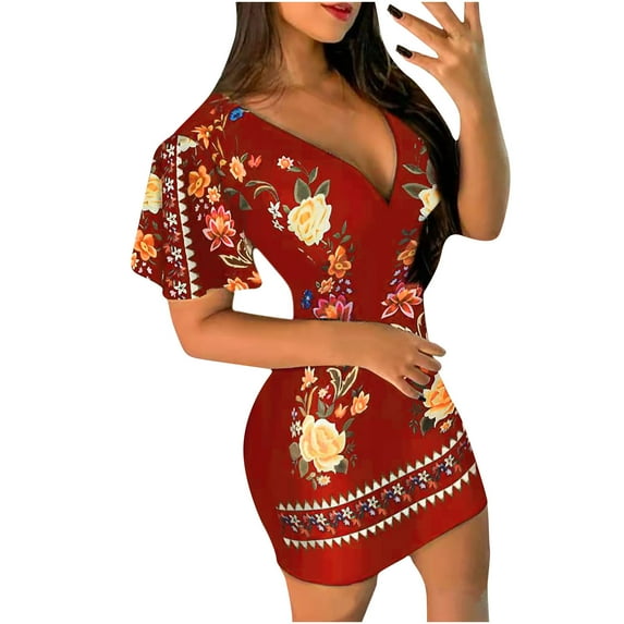 jsaierl Mexican Dress Women 2025 Floral Print Ruffle Short Sleeve Bodycon Dress Sexy V-Neck Vintage Dress