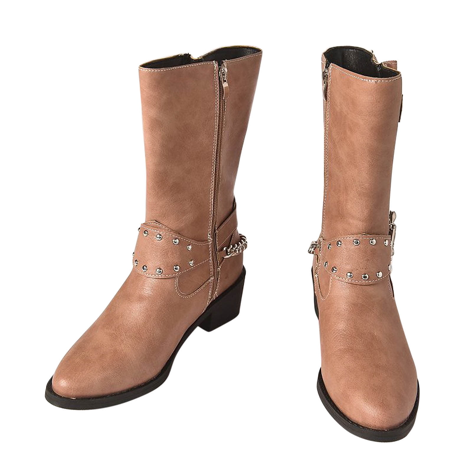 jsaierl Mid Calf Dress Boots For Women Biker Boots Chunky Heel Slouchy