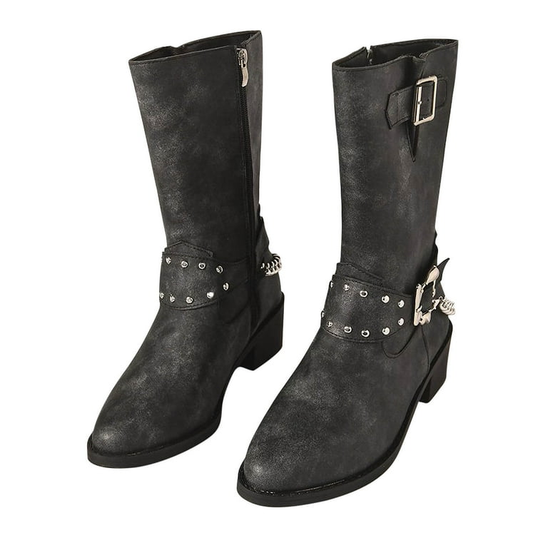 jsaierl Mid Calf Dress Boots For Women Biker Boots Chunky