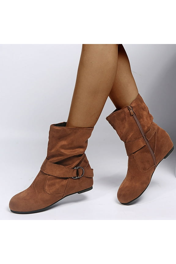 Mid Calf Dress Boots For Women Wide Calf Slouchy Boots Zip up Flat Heel Boots Buckle Zipper Fall Winter Short Round Toe 2025 Boots