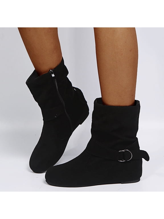 Mid Calf Dress Boots For Women Wide Calf Slouchy Boots Zip up Flat Heel Boots Buckle Zipper Fall Winter Short Round Toe 2026 Boots