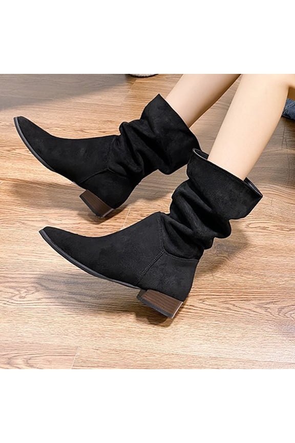 Mid Calf Dress Boots For Women Wide Calf Slouchy Boots Zip up Flat Heel Boots 2025 Winter Slip on Chunky Block Pointed Toe Boots Female Knight Boots