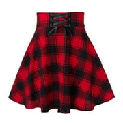 jsaierl Mini Skirt for Women Sexy High Waist Plaid Splicing Frenulum Skirts Fashiong Casual Pleated Swing Short Skirt