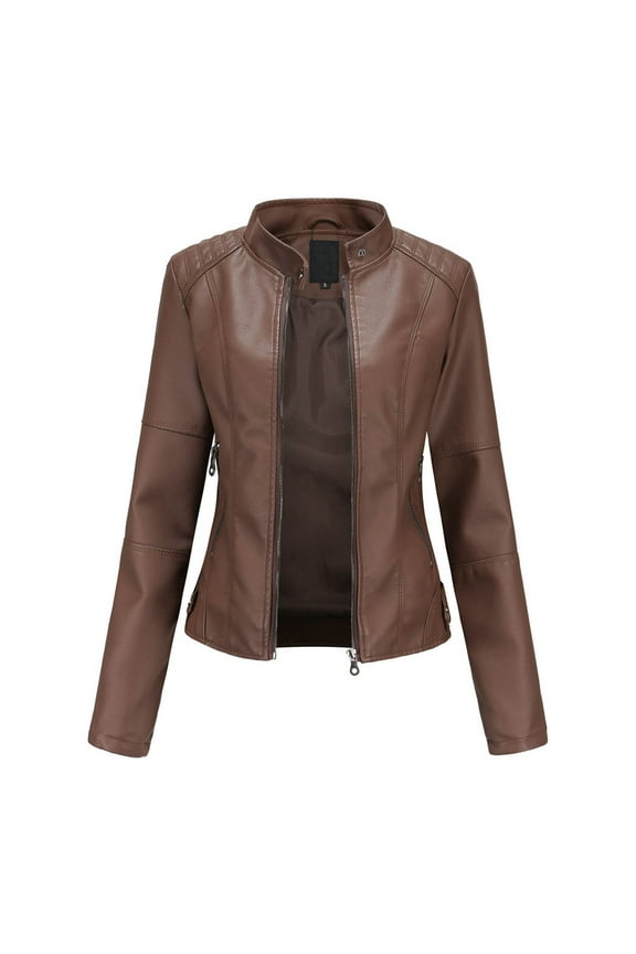 New Ladies Slim Leather Stand-Up Collar Zipper Stitching Solid Color Jacket