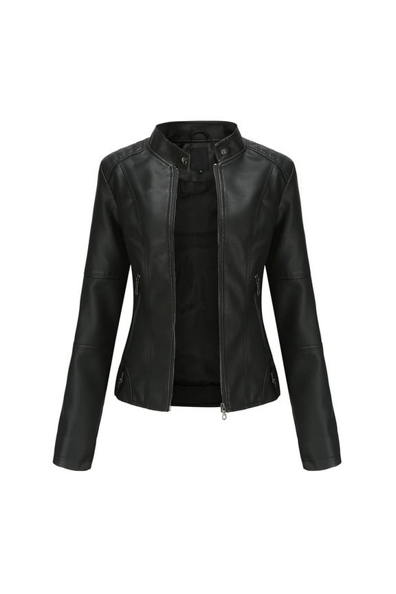 New Ladies Slim Leather Stand-Up Collar Zipper Stitching Solid Color Jacket