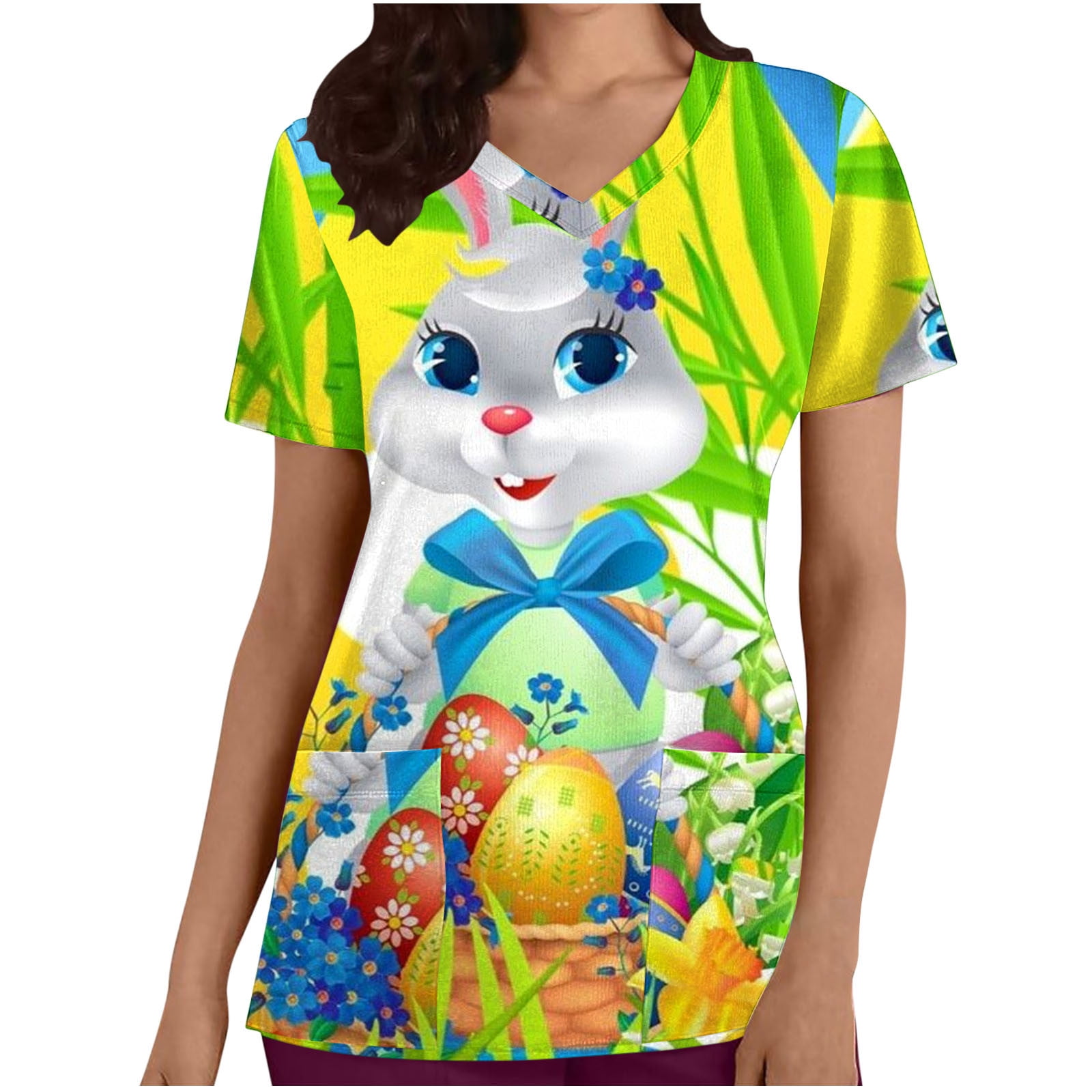 jsaierl Nursing Uniforms for Women, Womens Easter Scrub Tops Funny Bunny Eggs Print Nursing
