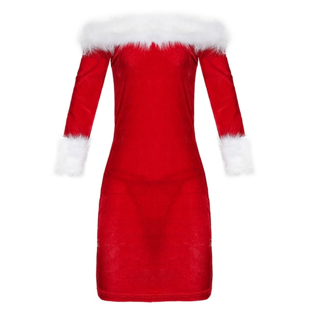 jsaierl Off the Shoulder Dresses for Women Faux Fur Trim Long Sleeve Dress Sexy Santa Claus