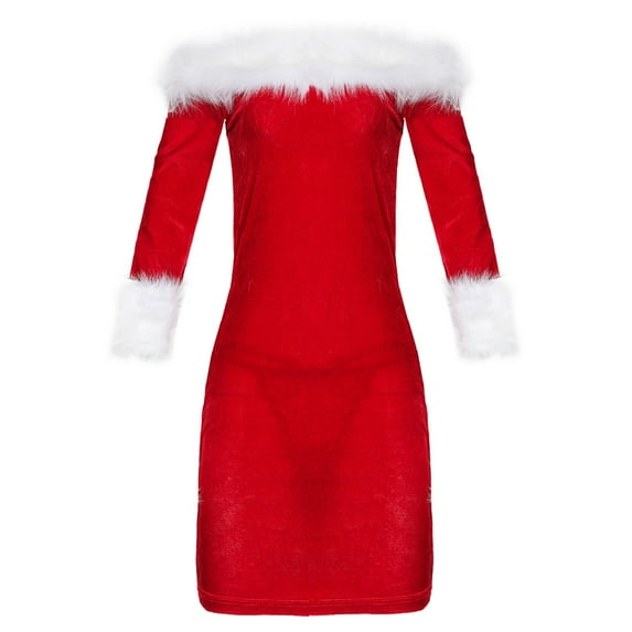 jsaierl Off the Shoulder Dresses for Women Faux Fur Trim Long Sleeve Dress Sexy Santa Claus Bodycon Dress for Party 2025