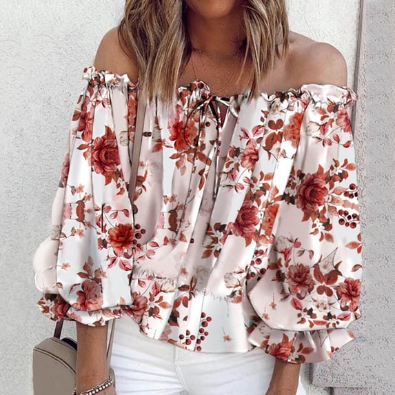 jsaierl Off the Shoulder Tops for Women Puff Sleeve Print Ruffle Blouse Long Sleeve Loose Fit Shirt Top Casual Dressy