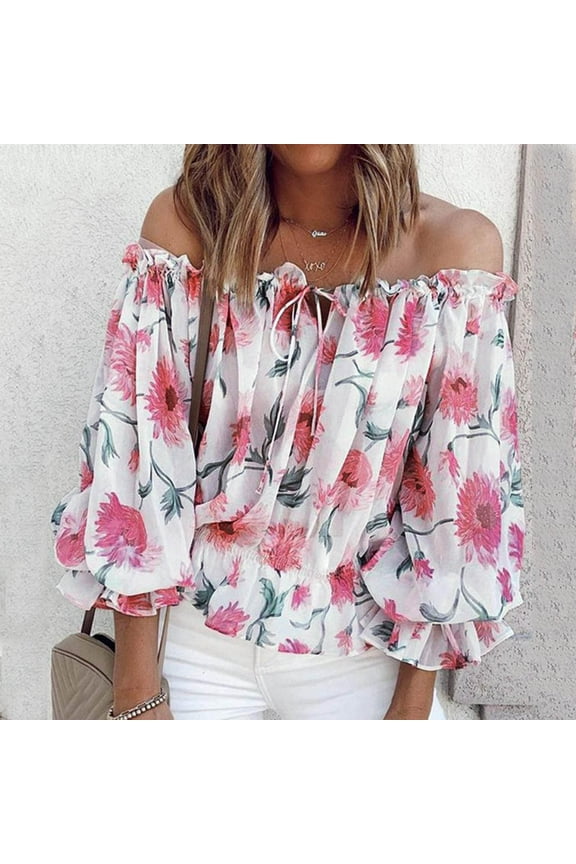 Off the Shoulder Tops for Women Puff Sleeve Print Ruffle Blouse Long Sleeve Loose Fit Shirt Top Casual Dressy