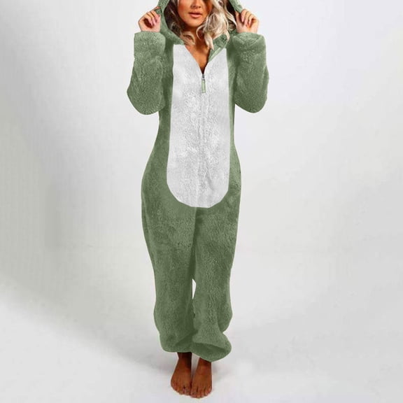 jsaierl Onesie Pajamas for Women,Women's Fuzzy Pajamas Long Sleeve Adult Cat Ears Sherpa Pajamas for Women Fleece Winter One-Piece Zipper Hooded Rompers Plush Sleepwear Loungewear