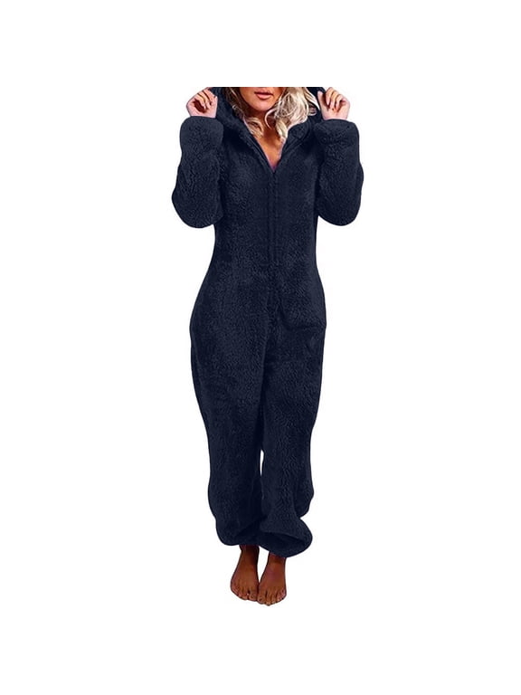 Onesie Pajamas for Women,Women's Fuzzy Pajamas Long Sleeve Adult Cat Ears Sherpa Pajamas for Women Fleece Winter One-Piece Zipper Hooded Rompers Plush Sleepwear Loungewear