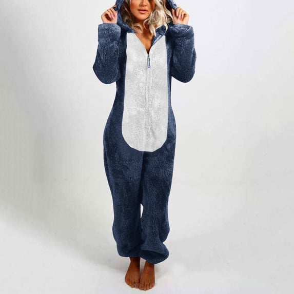 jsaierl Onesie Pajamas for Women,Women's Fuzzy Pajamas Long Sleeve Adult Cat Ears Sherpa Pajamas for Women Fleece Winter One-Piece Zipper Hooded Rompers Plush Sleepwear Loungewear