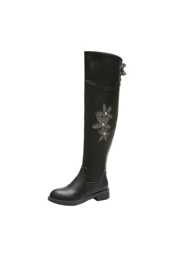 Over-the-knee Boots Women's Flat Bottom Low-heel Round Toe Rhinestone Boots Flower Side Zipper Rider Boots